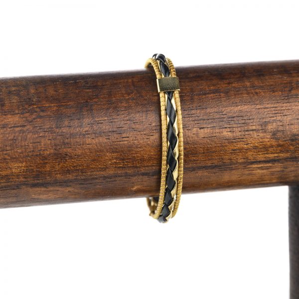 Bracelet en capim dourado et cuir noir